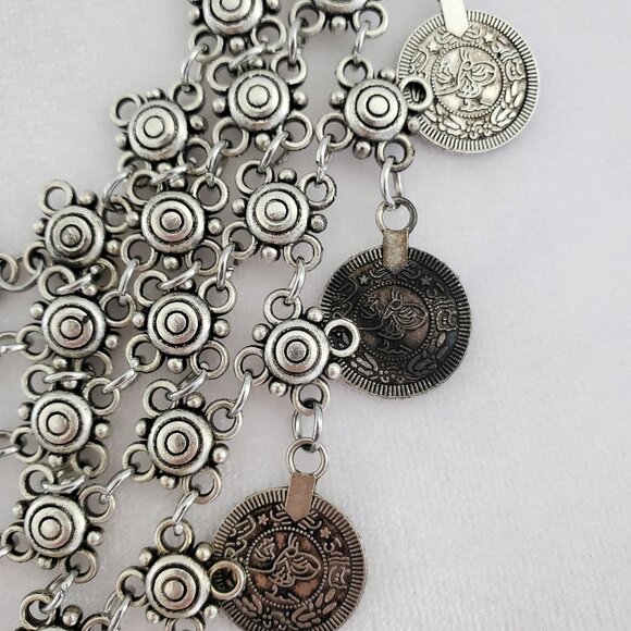 Vtg Boho Coin Bib Necklace Rustic Silver Statement Necklace Costume Jewellery - Picture 5 of 7
